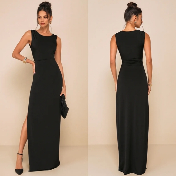 Lulus Significant Allure Black Slinky Knit Ruched Maxi Dress XL Wedding Party - Picture 1 of 10